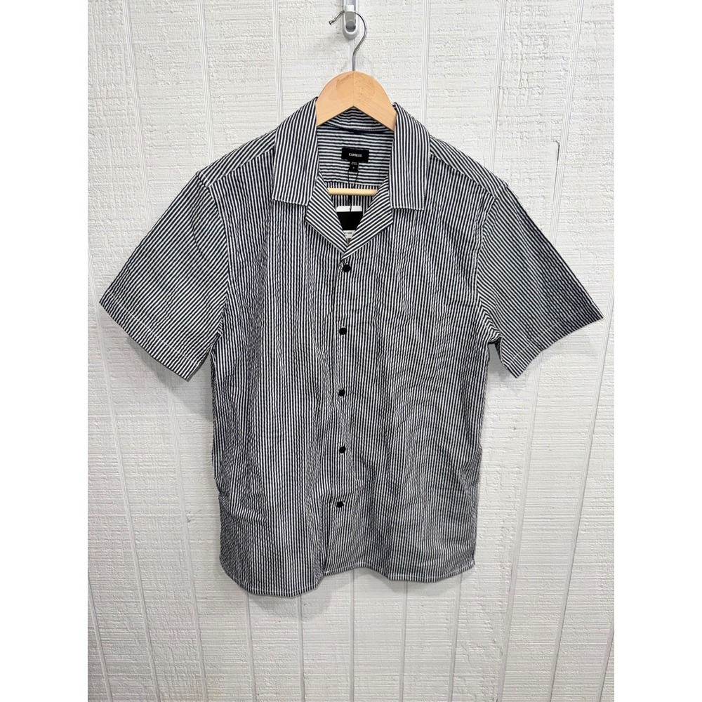 Express Seersucker Shirt Women Blue White Striped Camp Collar Short Sleeve S